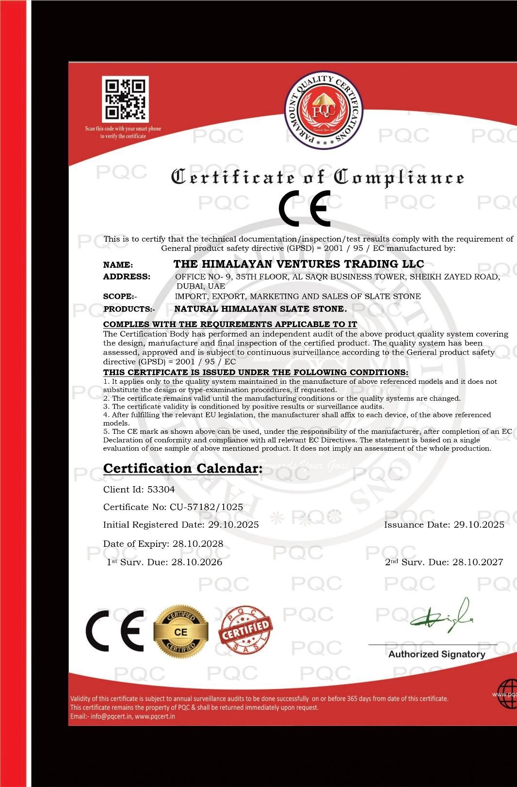 CE Certificate of Compliance